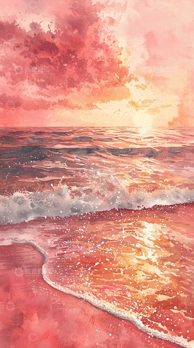 高清大图下载【趣麦麦图】粉色日落海景水彩风