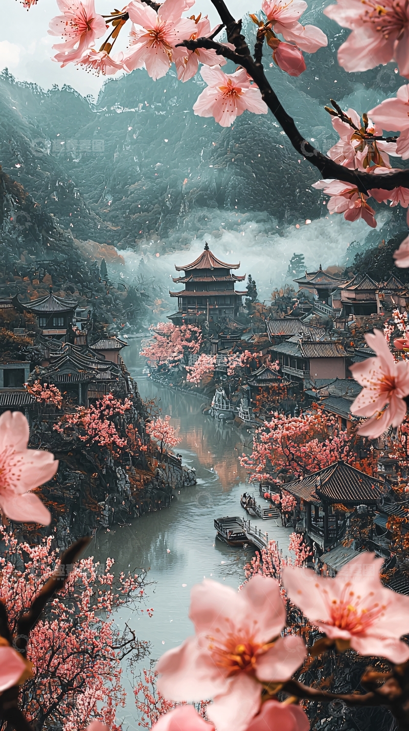 高清大图下载【趣麦麦图】粉色樱花下的古风小镇
