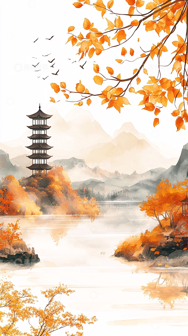 高清大图下载【趣麦麦图】秋日湖畔古塔倒影
