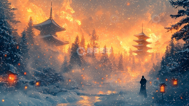 高清大图下载【趣麦麦图】雪夜寺庙火光