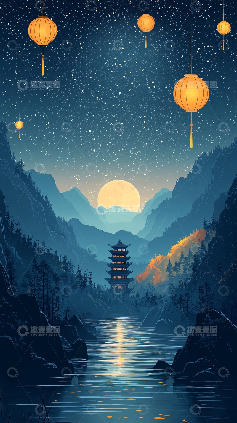 高清大图下载【趣麦麦图】夜空下的东方山水画