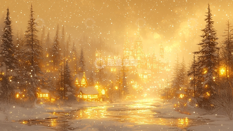 高清大图下载【趣麦麦图】金色光芒下的雪景小镇