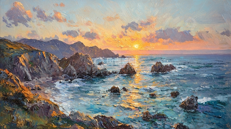 高清大图下载【趣麦麦图】海岸日落油画风景