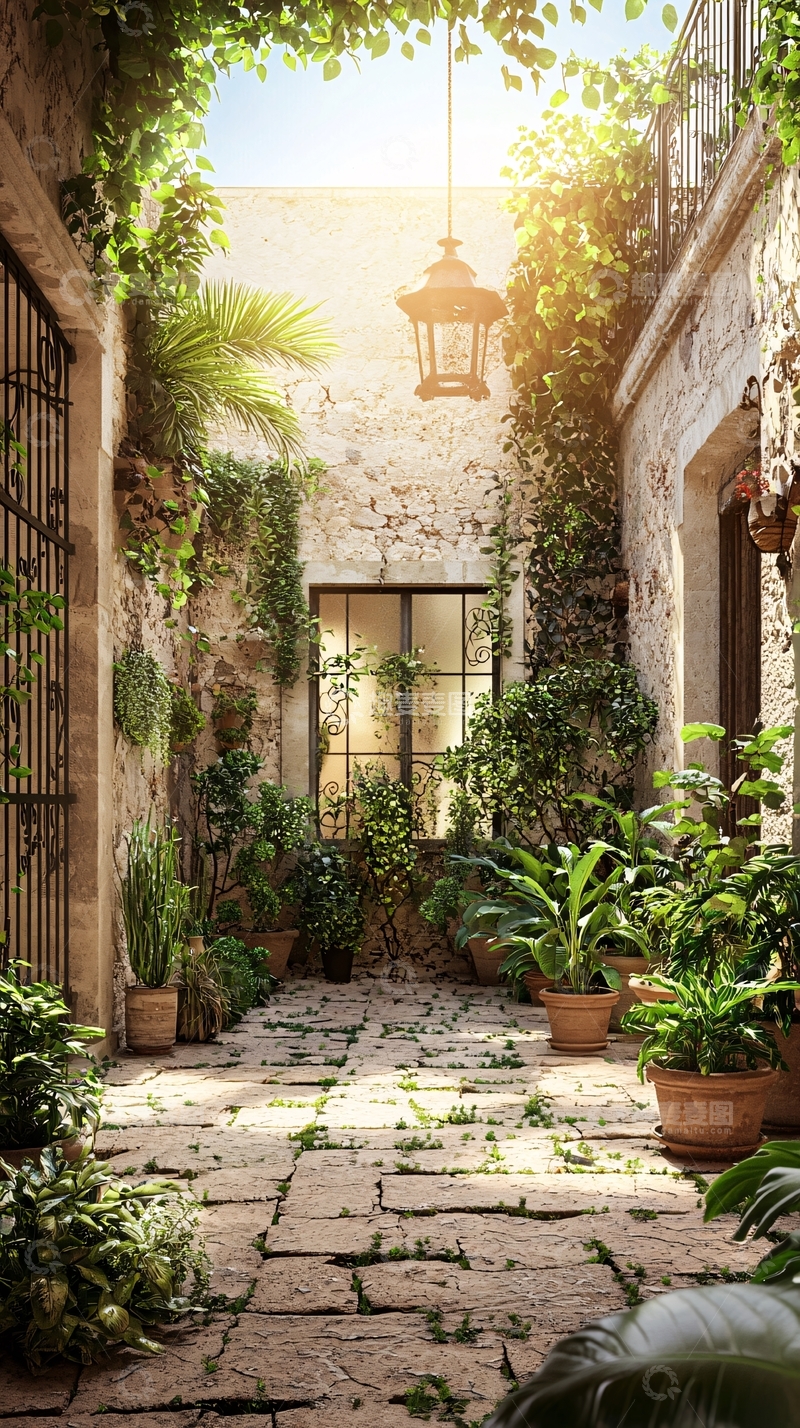 高清大图下载【趣麦麦图】阳光洒满庭院的石板路