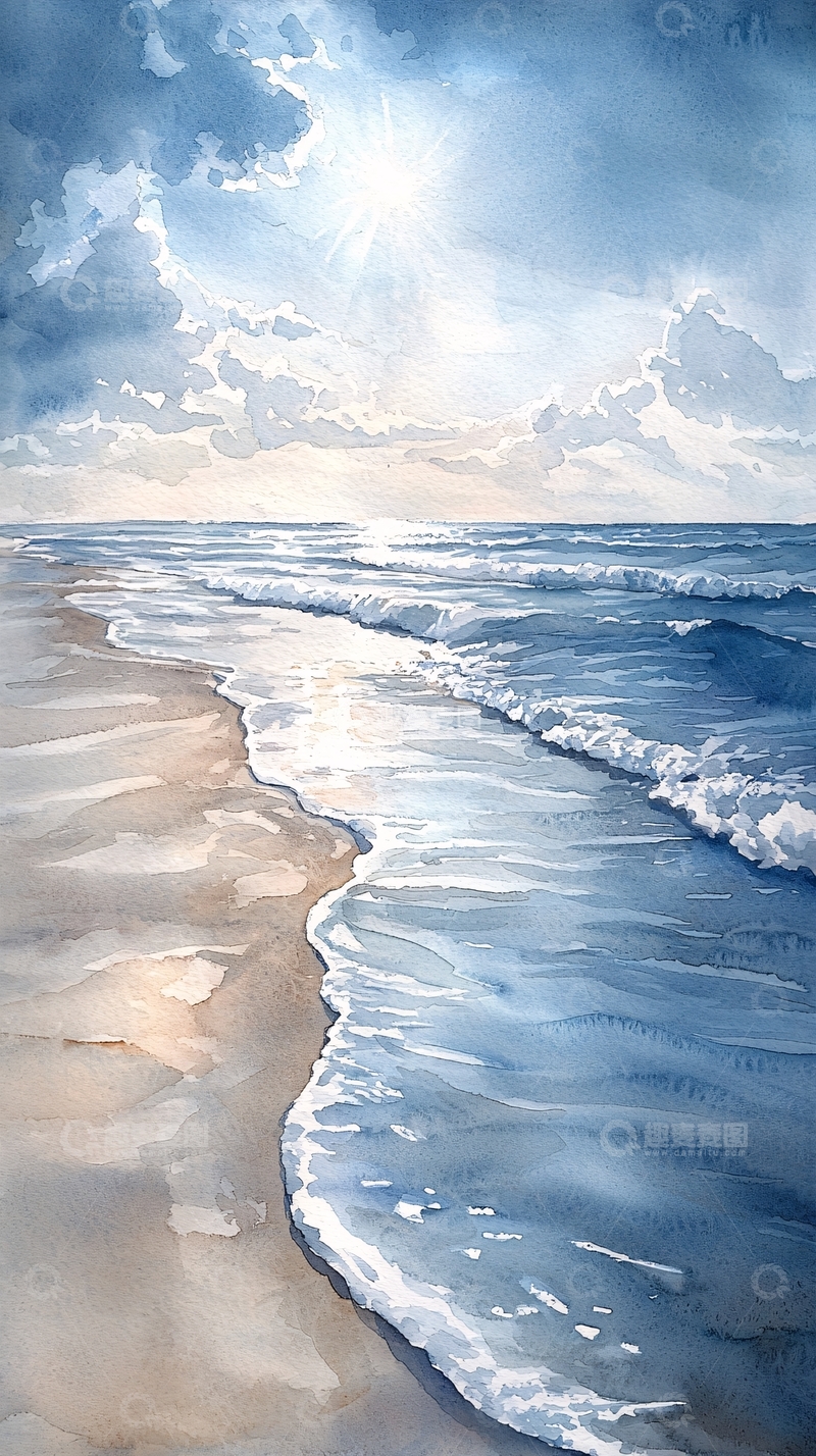 高清大图下载【趣麦麦图】水彩画海滩风景