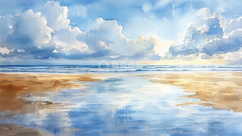 高清大图下载【趣麦麦图】海滩天空水彩画风景