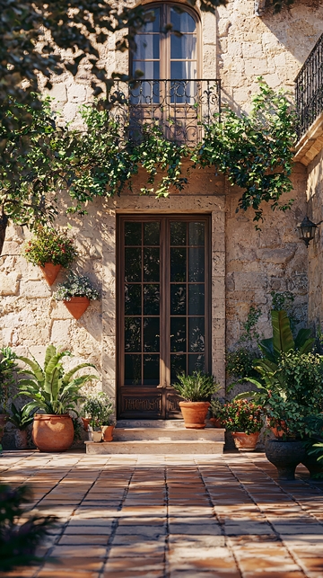 阳光下的石墙老房子