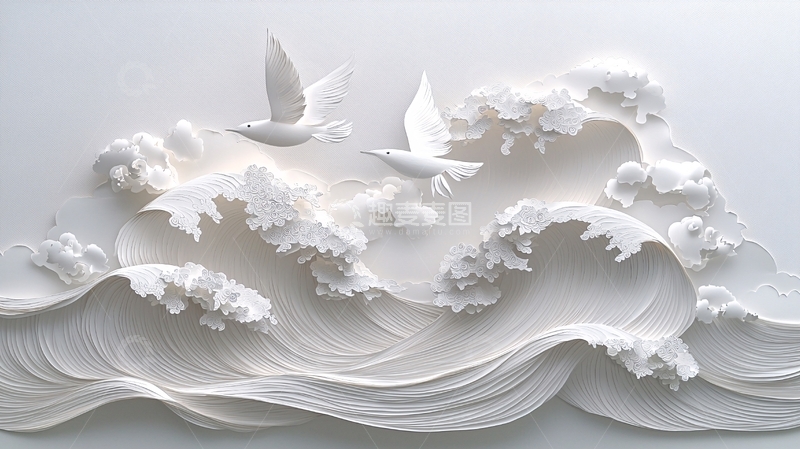 高清大图下载【趣麦麦图】白色海浪与飞鸟纸艺