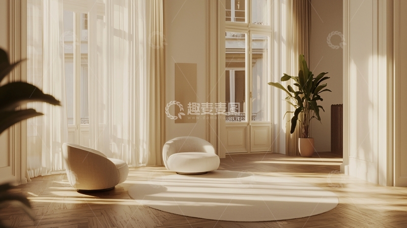 高清大图下载【趣麦麦图】阳光洒满落地窗的温馨客厅