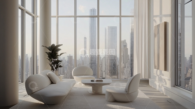 高清大图下载【趣麦麦图】极简风白色系高层公寓客厅