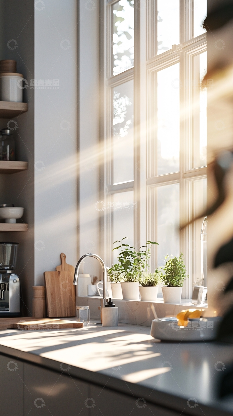高清大图下载【趣麦麦图】阳光洒进厨房窗台