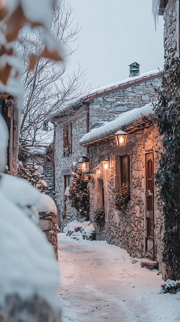 雪中的石屋小巷