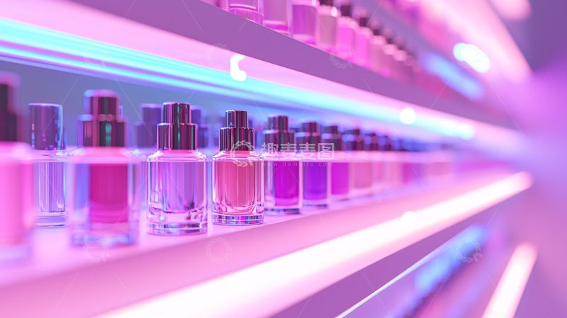 高清大图下载【趣麦麦图】粉色灯光下排列的香水瓶