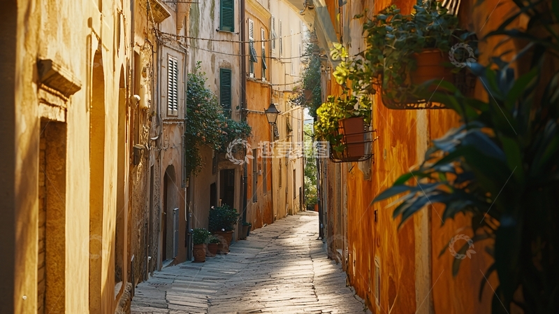 高清大图下载【趣麦麦图】阳光洒满的欧洲老街