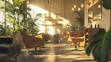 阳光洒满绿植环绕的发廊