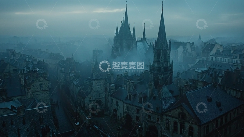 高清大图下载【趣麦麦图】雾气笼罩下的哥特式建筑城市
