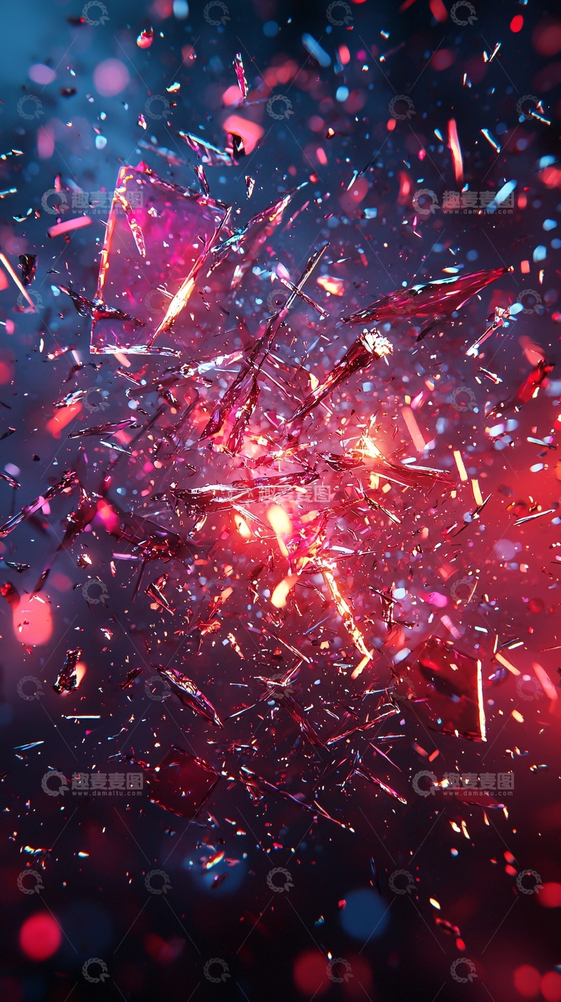 高清大图下载【趣麦麦图】破碎的红色晶体在空中飞舞