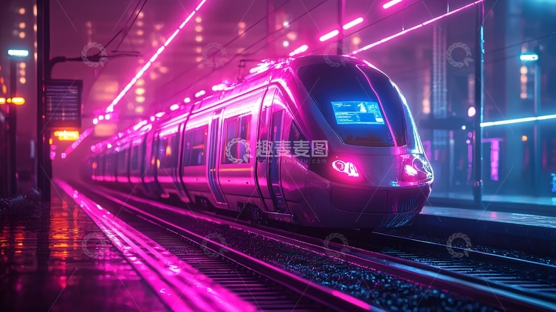 高清大图下载【趣麦麦图】霓虹灯下的未来列车