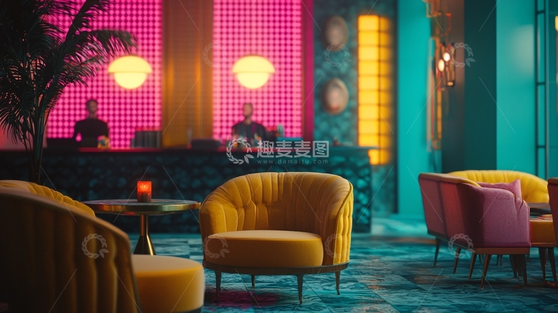 高清大图下载【趣麦麦图】霓虹灯复古酒店大堂