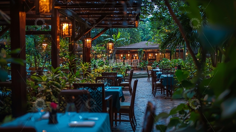 高清大图下载【趣麦麦图】热带花园餐厅夜景