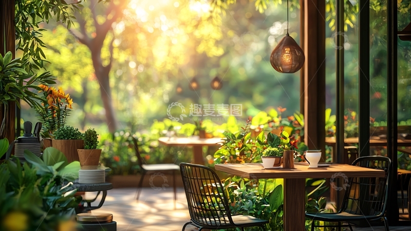 高清大图下载【趣麦麦图】阳光洒进绿意盎然的户外咖啡馆