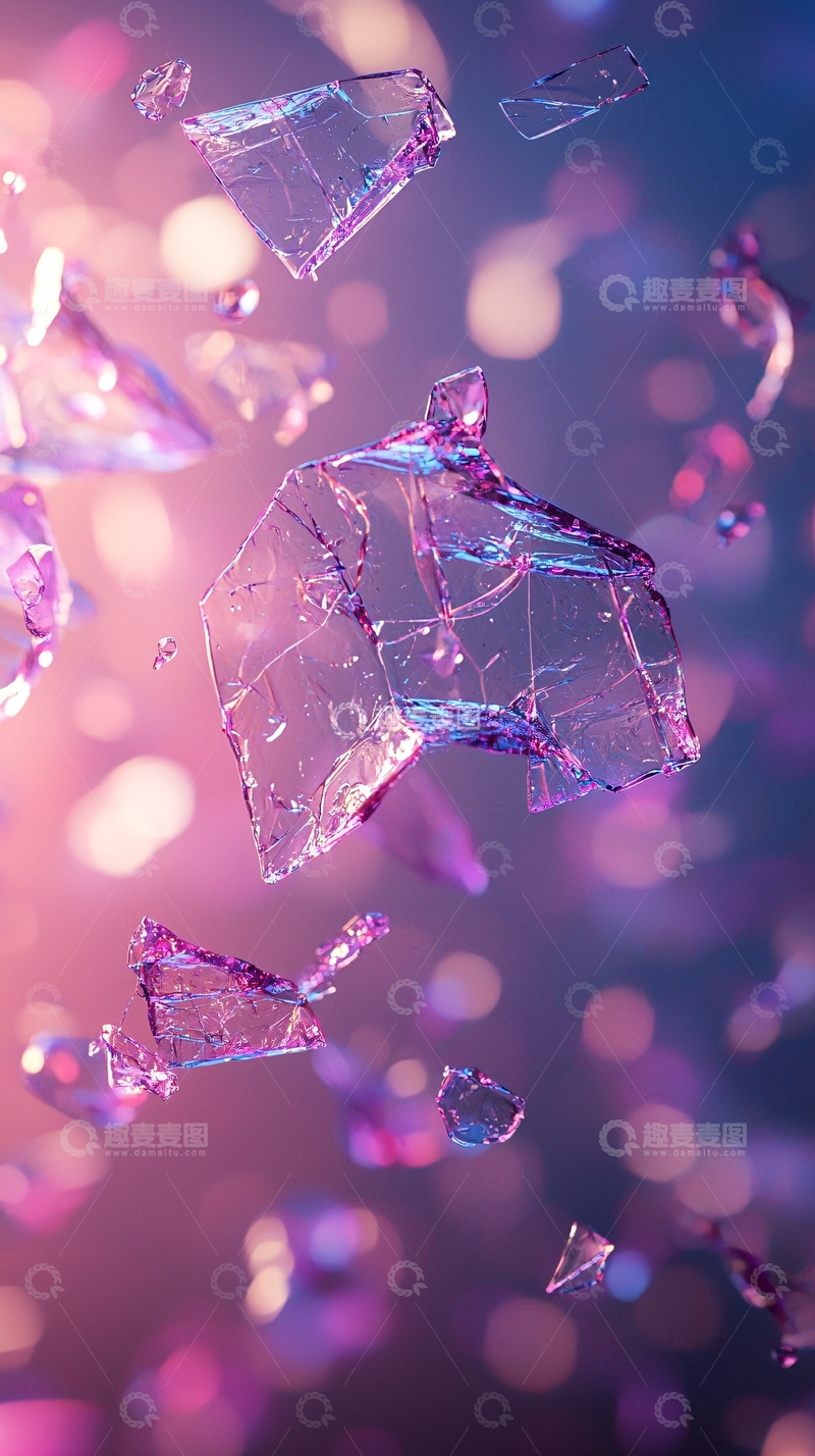 高清大图下载【趣麦麦图】破碎的紫色玻璃碎片漂浮