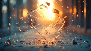 破碎玻璃在半空飞散