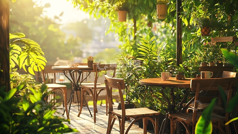 高清大图下载【趣麦麦图】阳光洒满绿意庭院咖啡馆