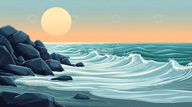 高清大图下载【趣麦麦图】夕阳西下海边礁石