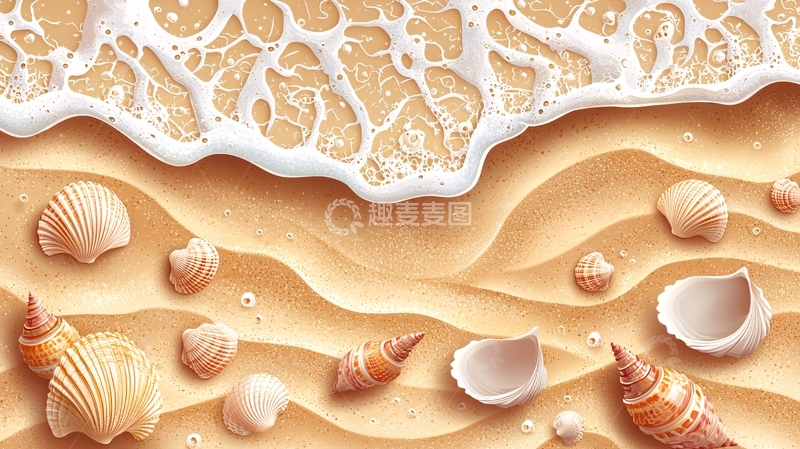 高清大图下载【趣麦麦图】沙滩海浪贝壳的唯美场景