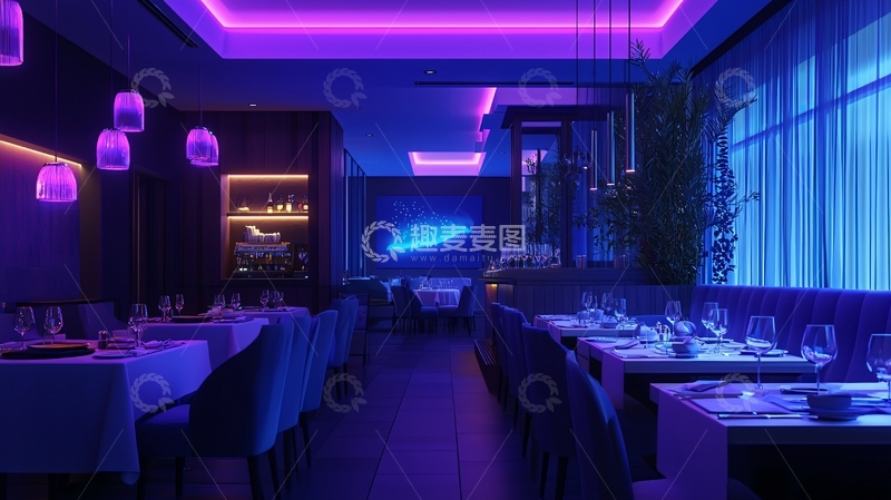 高清大图下载【趣麦麦图】紫色灯光餐厅夜景