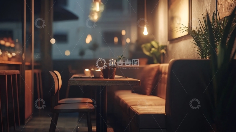高清大图下载【趣麦麦图】温暖昏暗灯光下的咖啡馆角落