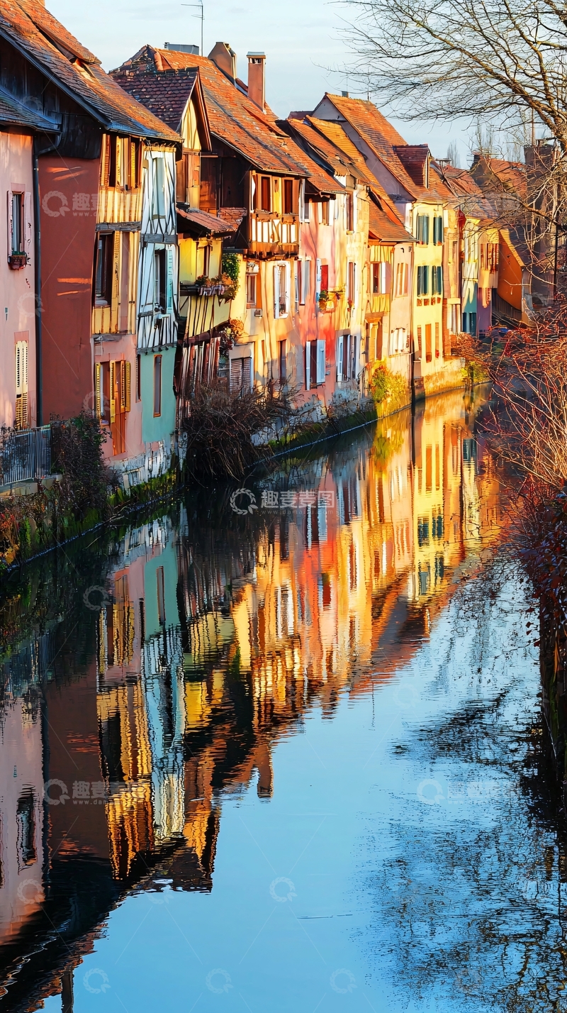 高清大图下载【趣麦麦图】彩色房屋倒影河边