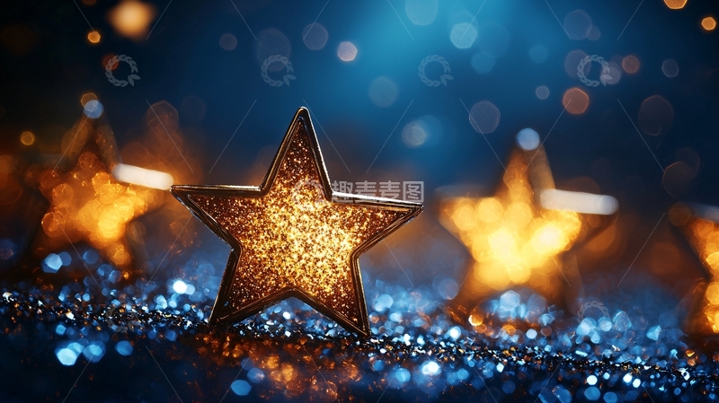 高清大图下载【趣麦麦图】闪耀的金色星星在蓝色星空下