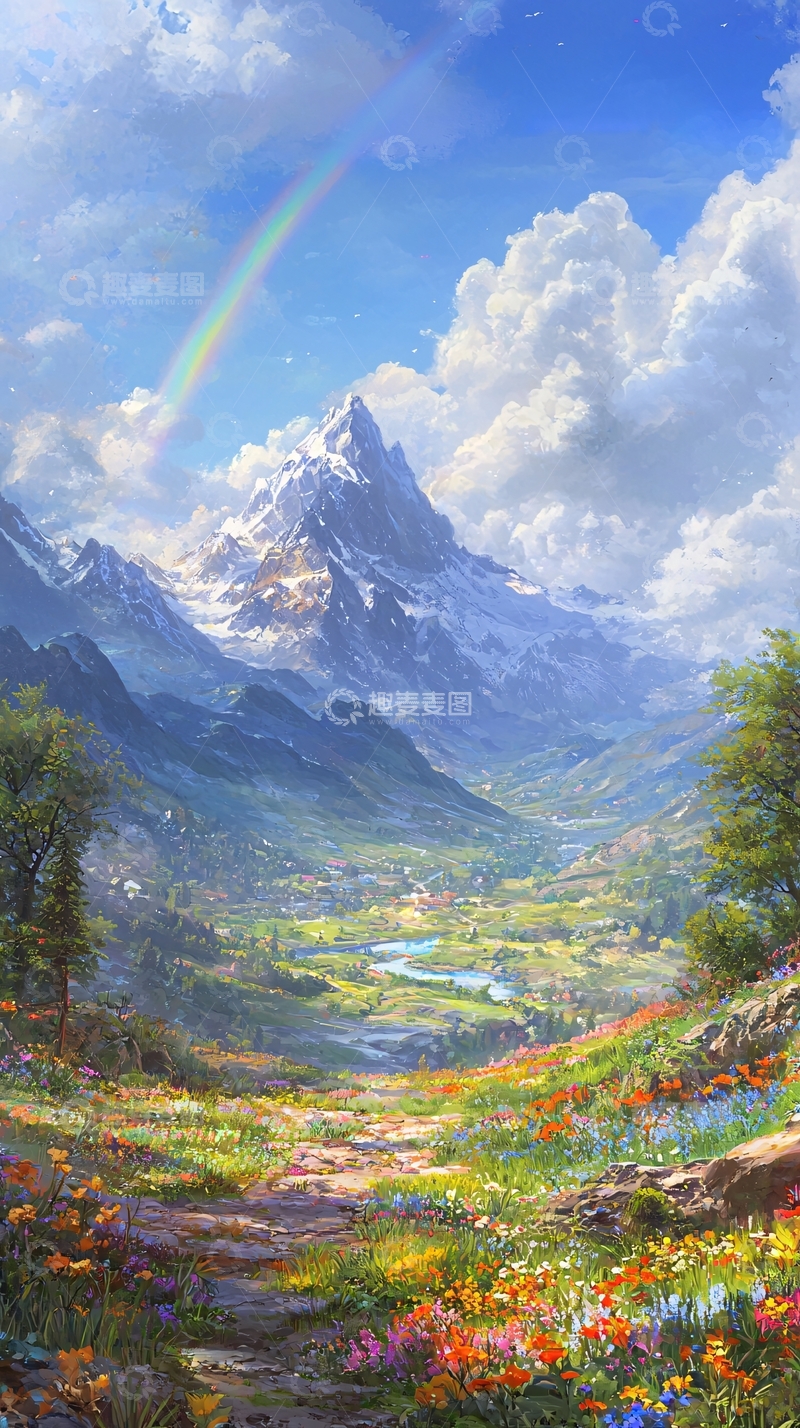 高清大图下载【趣麦麦图】彩虹山峰花田