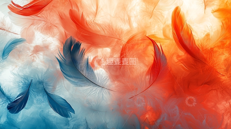 高清大图下载【趣麦麦图】蓝橙色羽毛漂浮抽象