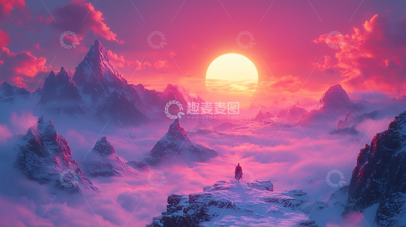 高清大图下载【趣麦麦图】粉色日落云海山峰剪影