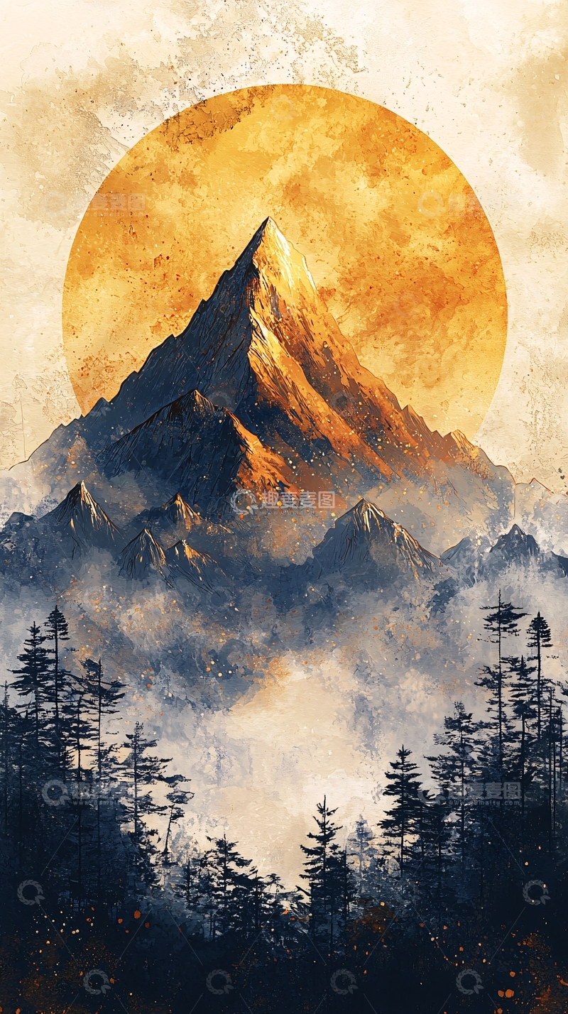 高清大图下载【趣麦麦图】山峰在日落金光中