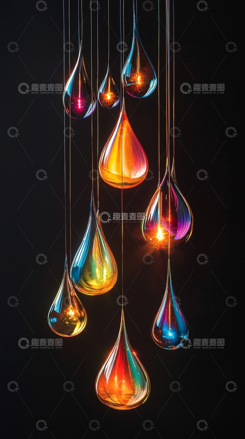 高清大图下载【趣麦麦图】彩色水滴状吊灯在黑暗中