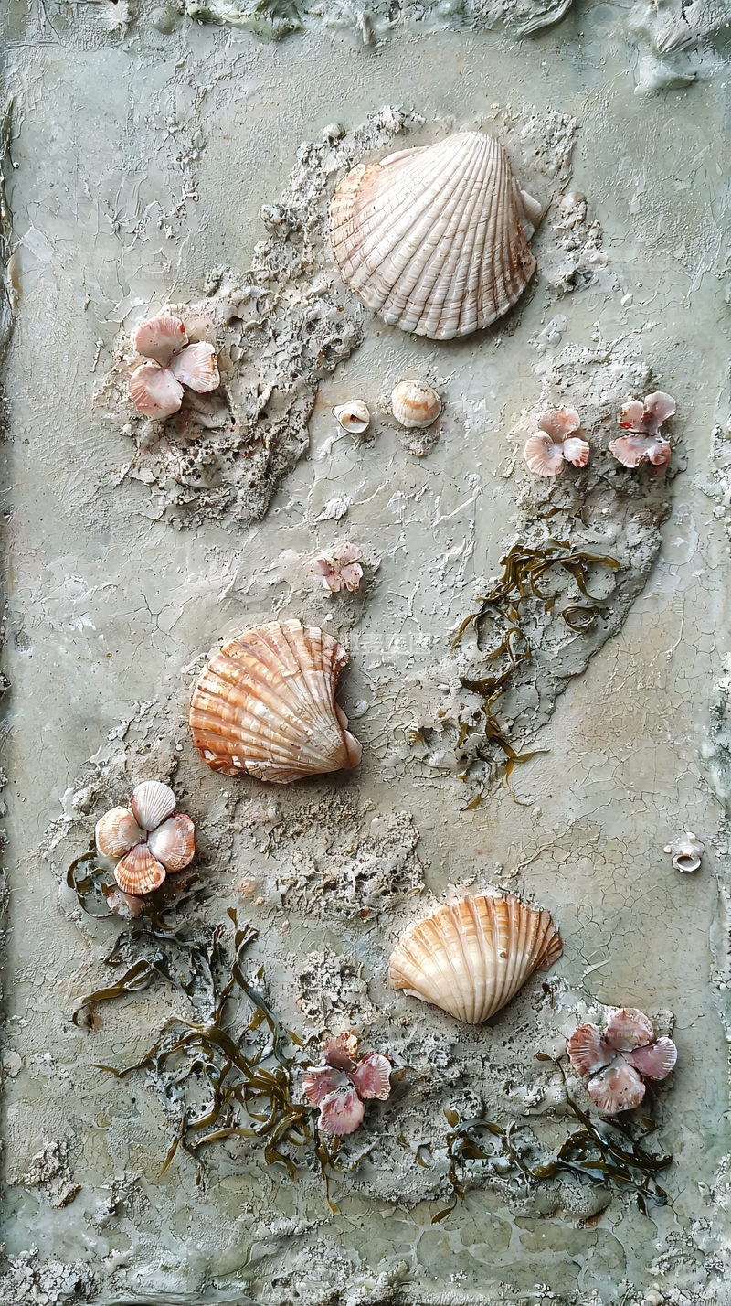 高清大图下载【趣麦麦图】海边贝壳花朵装饰画
