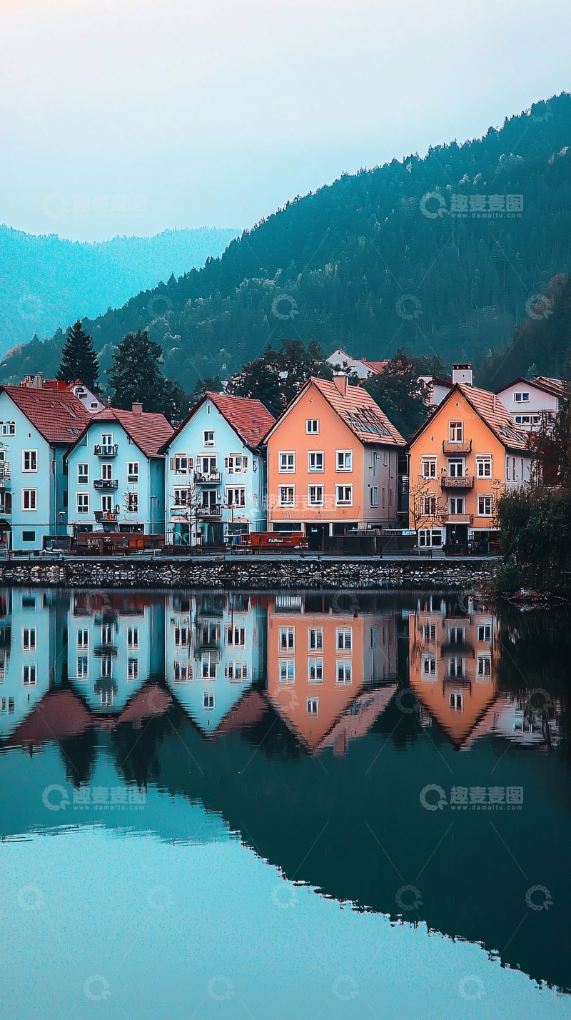 高清大图下载【趣麦麦图】彩色房屋倒影