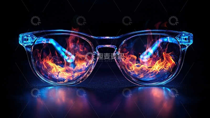 高清大图下载【趣麦麦图】燃烧火焰在眼镜镜片中