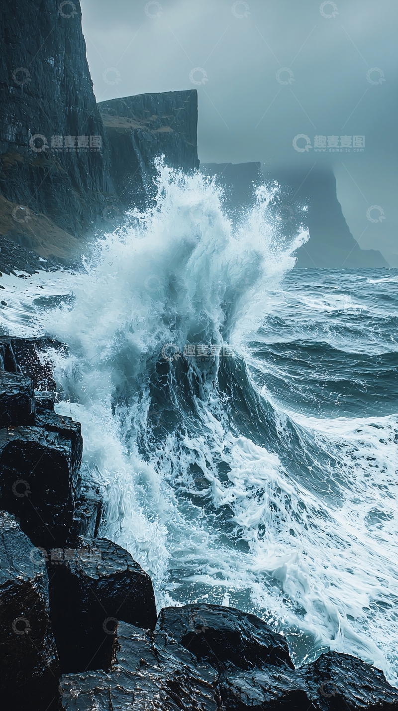 高清大图下载【趣麦麦图】巨浪拍打岩石峭壁