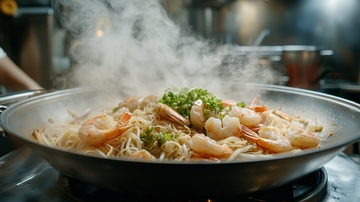 热气腾腾的虾仁炒面