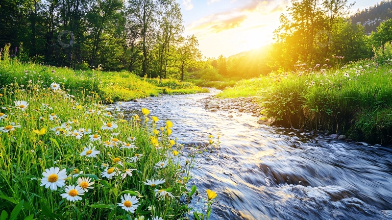 高清大图下载【趣麦麦图】阳光洒在溪流上的野花