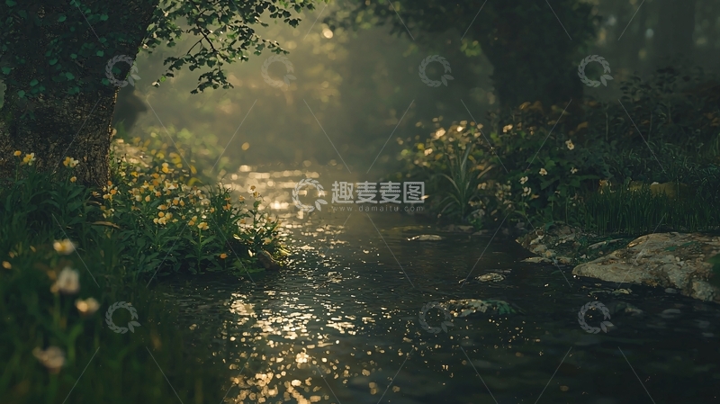 高清大图下载【趣麦麦图】森林小溪阳光