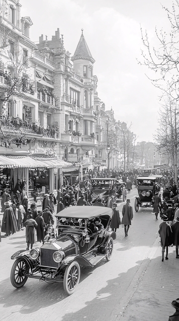 老式汽车街道黑白照片