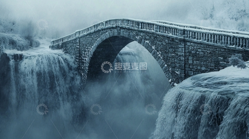 高清大图下载【趣麦麦图】冰雪覆盖的古老石桥