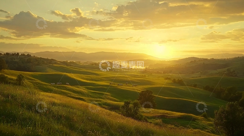 高清大图下载【趣麦麦图】金色的阳光洒在起伏的田野上