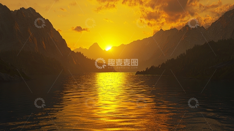 高清大图下载【趣麦麦图】金色夕阳下的山脉湖泊